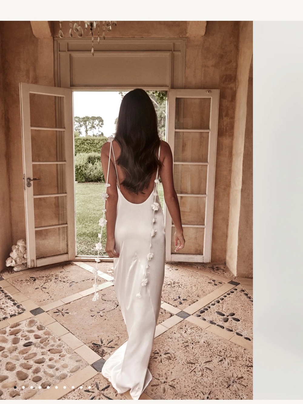 Meshki Cream Backless Slip Dress with Floral Tie Straps